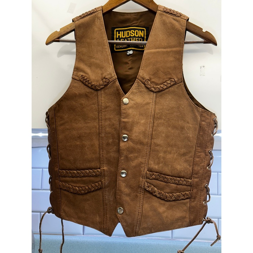 Vintage Hudson Leather Men's Braided Biker Vest 38 Brown Side Lace Western